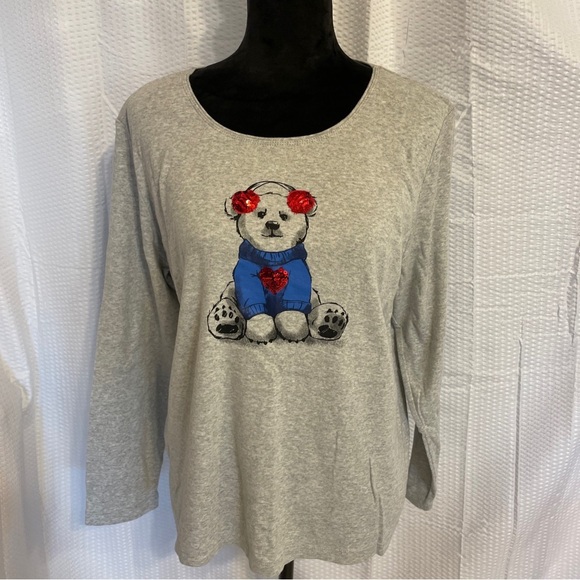 Karen Scott Holiday Bear gray long sleeve tee size XL. - Picture 1 of 7